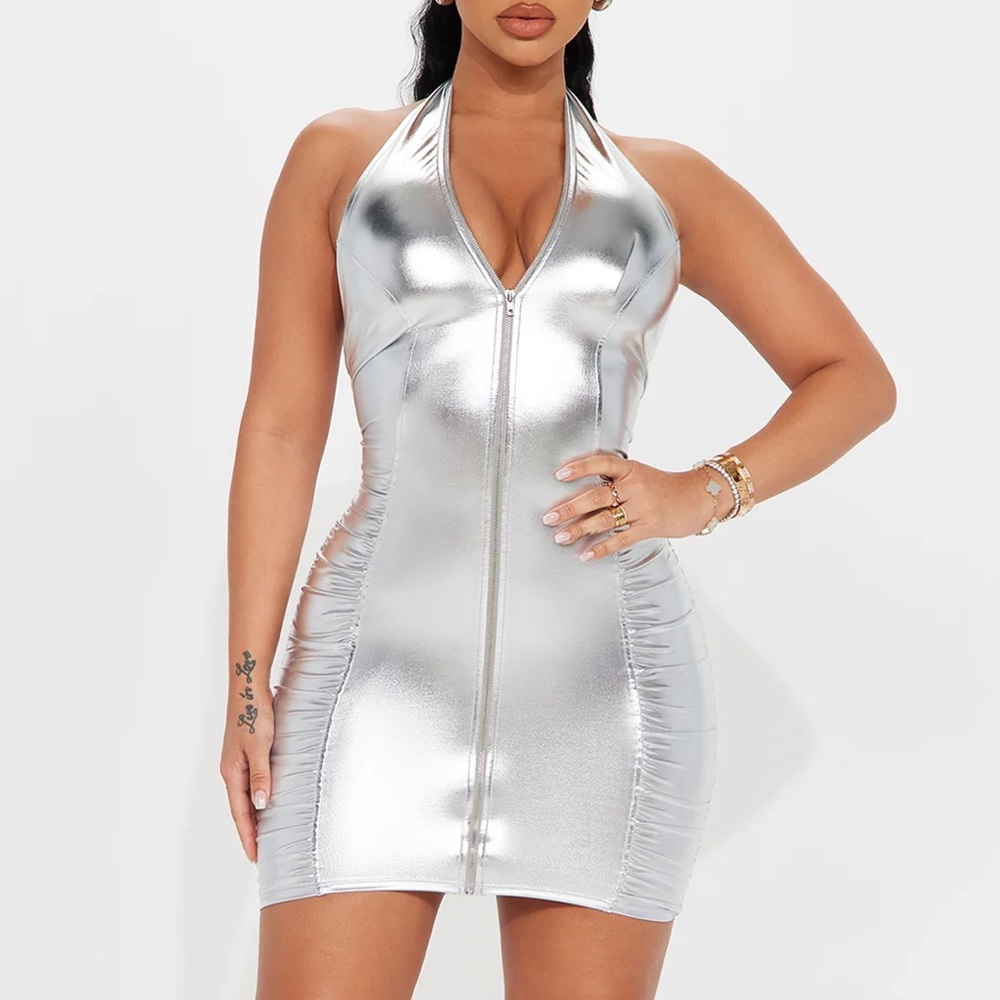 Fashion nova metallic zipper ruched dress